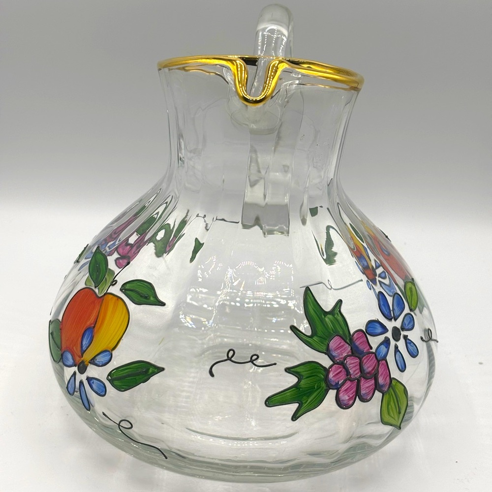 Vtg Fifth Avenue hand painted Romanian crystal 8" fruit floral gold rim pitcher - Picture 5 of 9